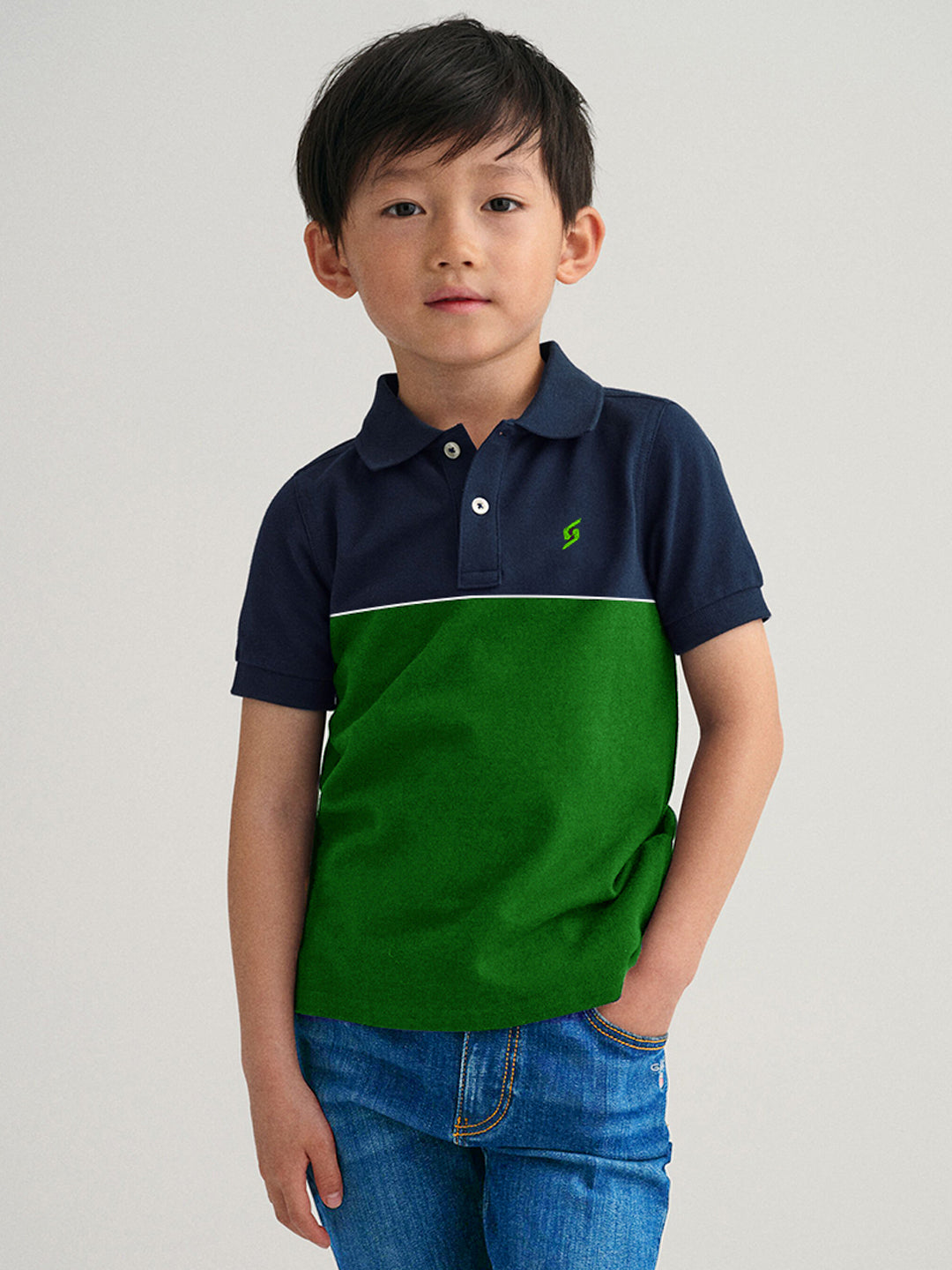 KID'S COLOR BLOCK NAVY/GREEN PIQUE POLO