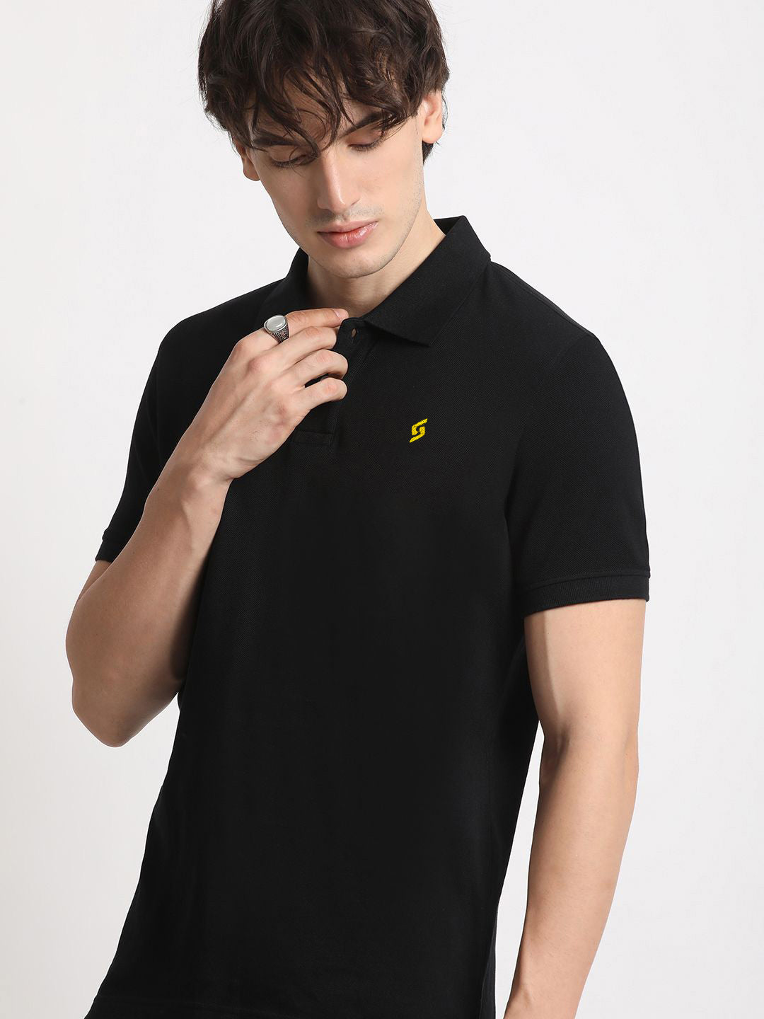 MEN'S LEFT CHEST EMBROIDERED LOGO PREMIUM PIQUE BLACK POLO