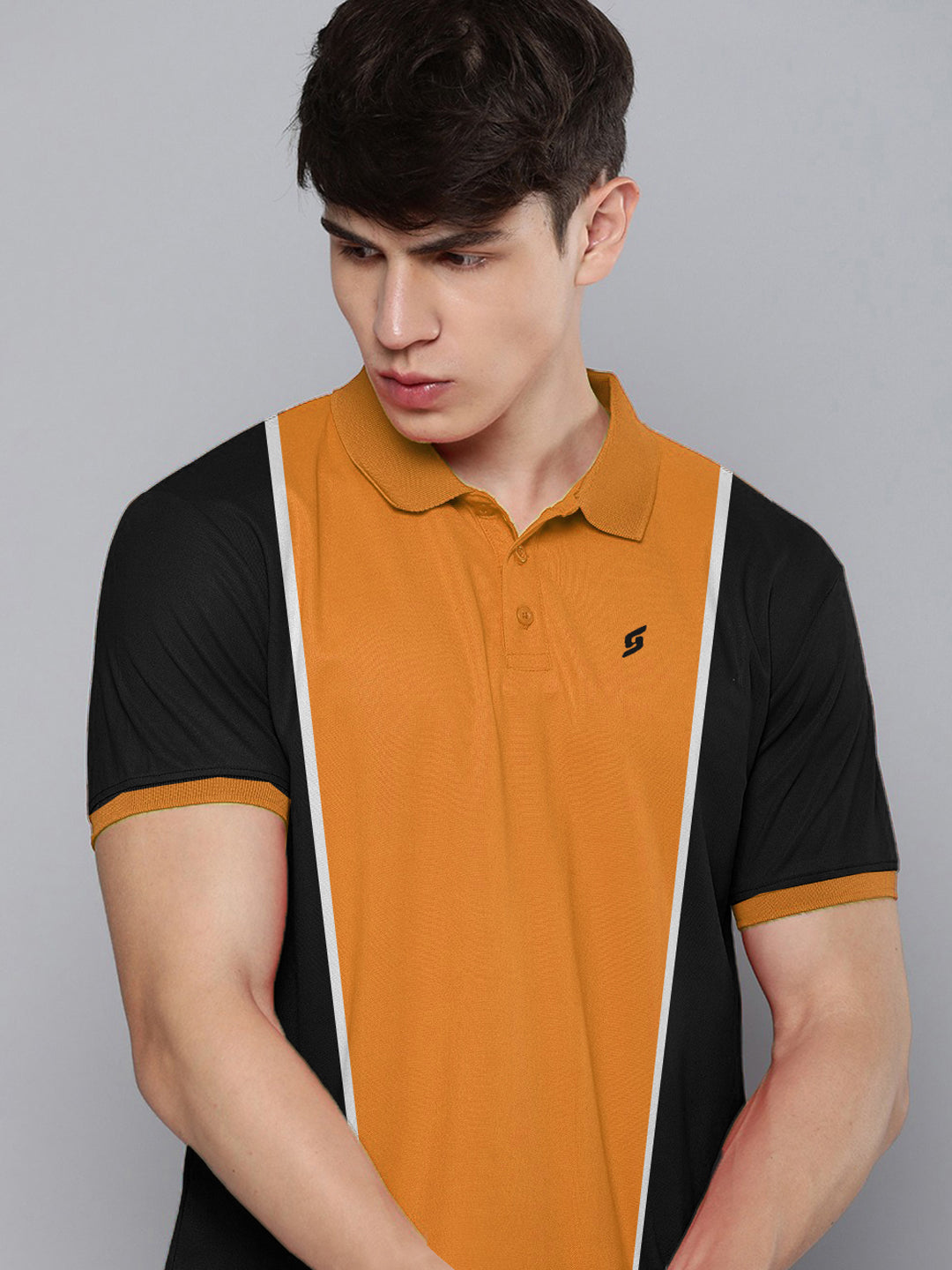 MEN'S FRONT STRIPE PANEL PREMIUM MUSTARD POLO