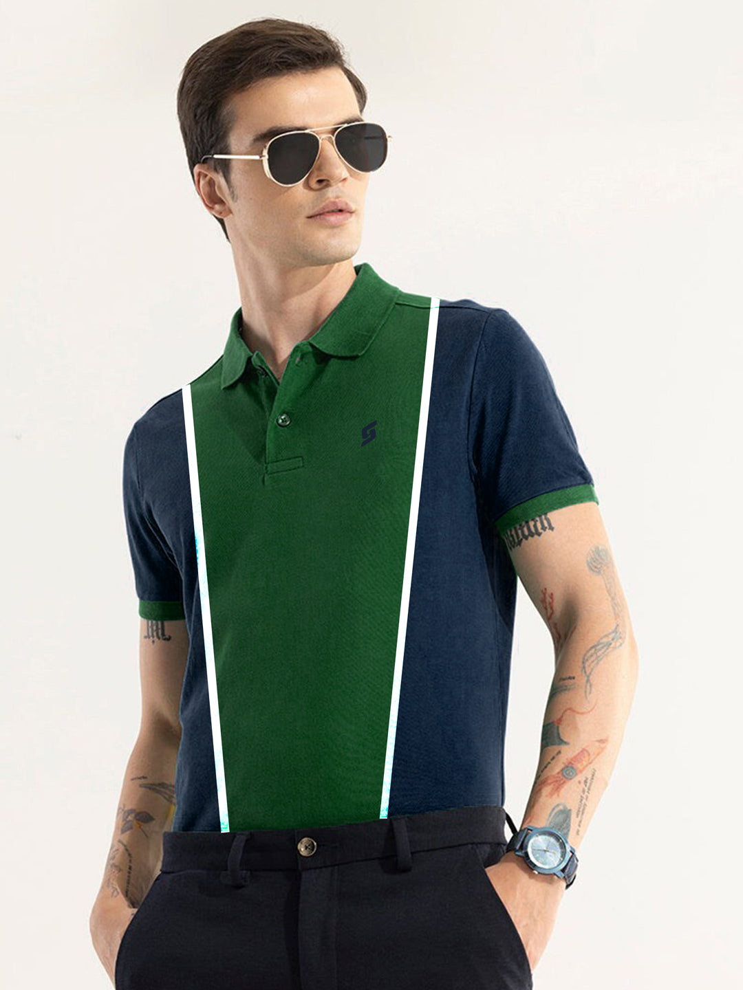 MEN'S FRONT STRIPE PANEL PREMIUM DARK GREEN POLO