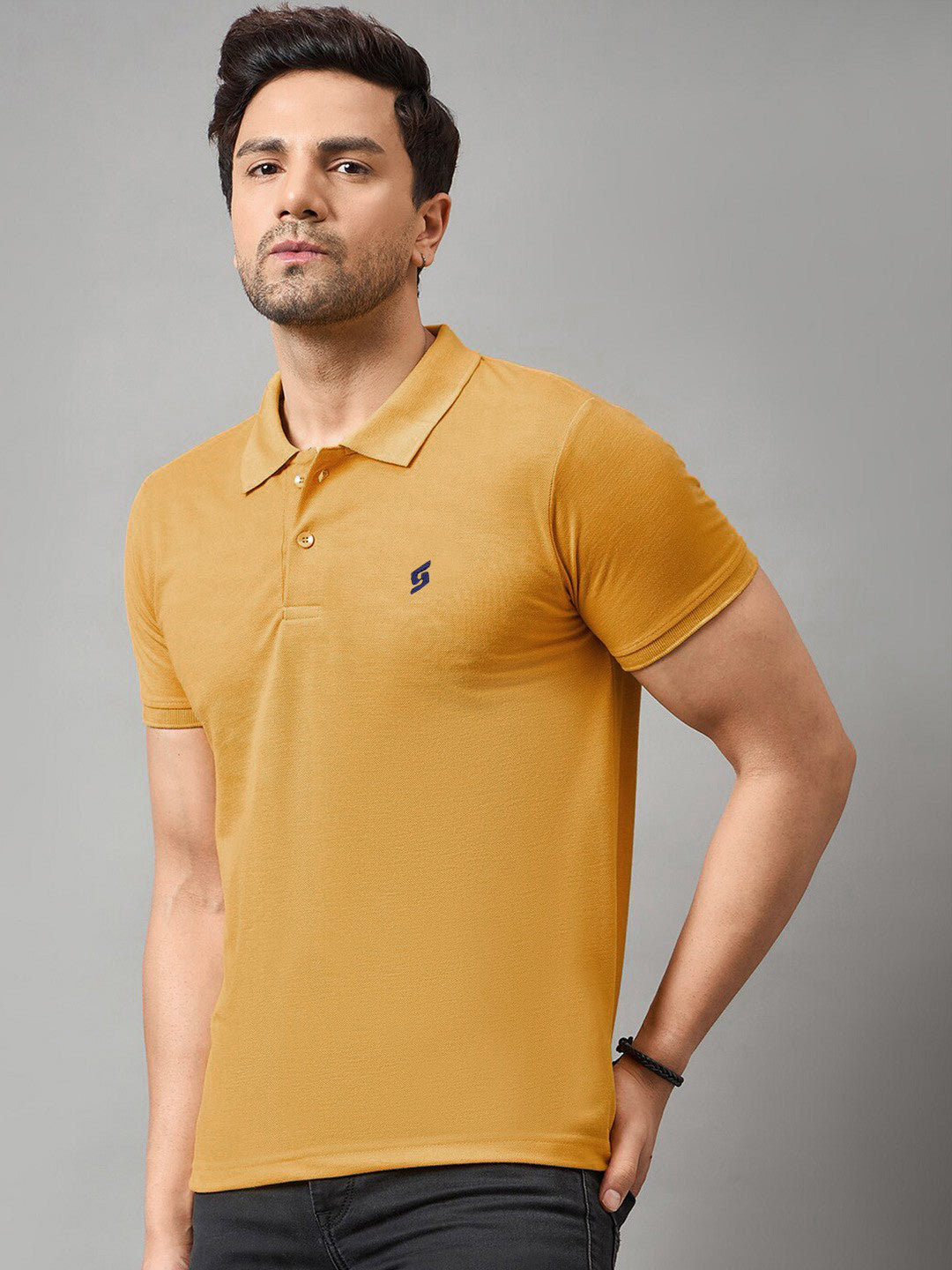 MEN'S LEFT CHEST EMBROIDERED LOGO PREMIUM PIQUE MUSTARD POLO