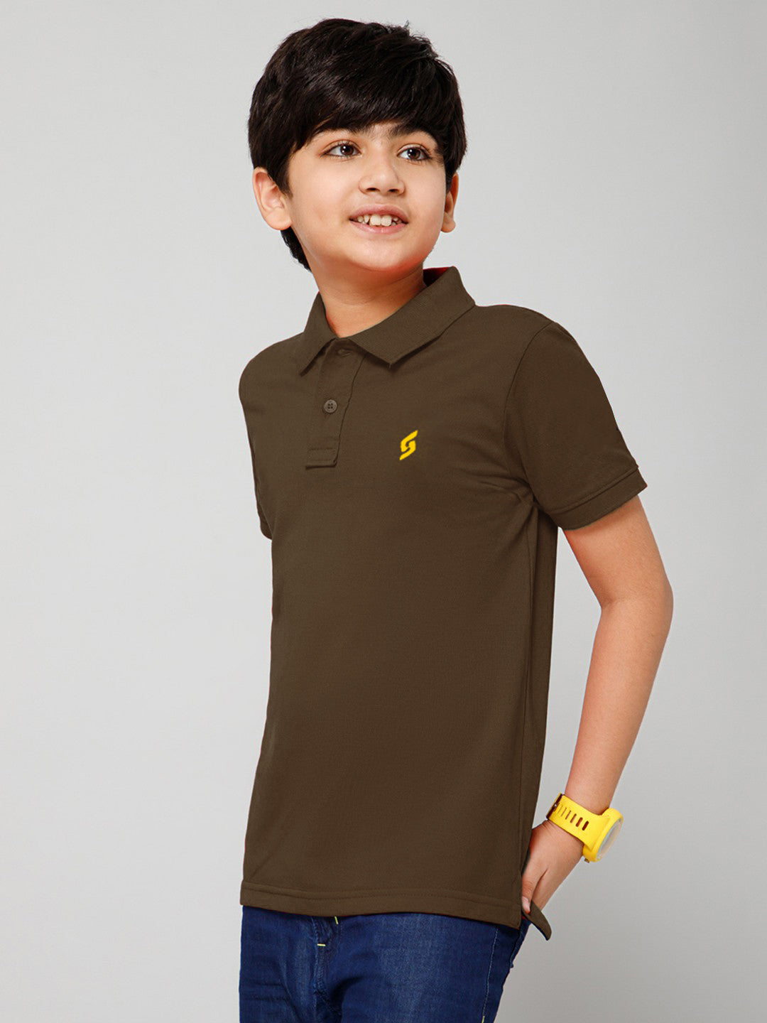 KID'S LEFT CHEST EMBROIDERED LOGO PREMIUM PIQUE DARK BROWN POLO