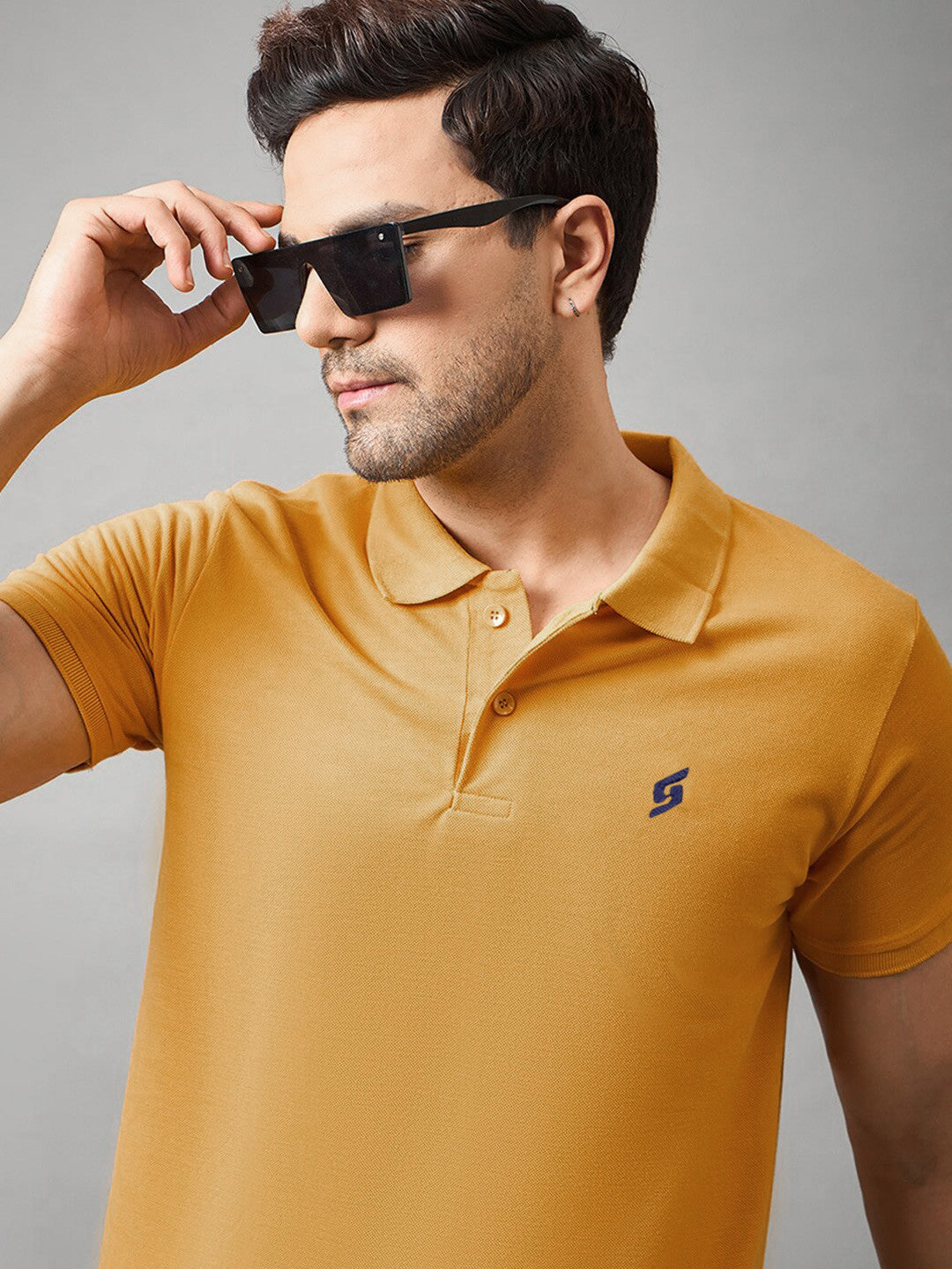 MEN'S LEFT CHEST EMBROIDERED LOGO PREMIUM PIQUE MUSTARD POLO