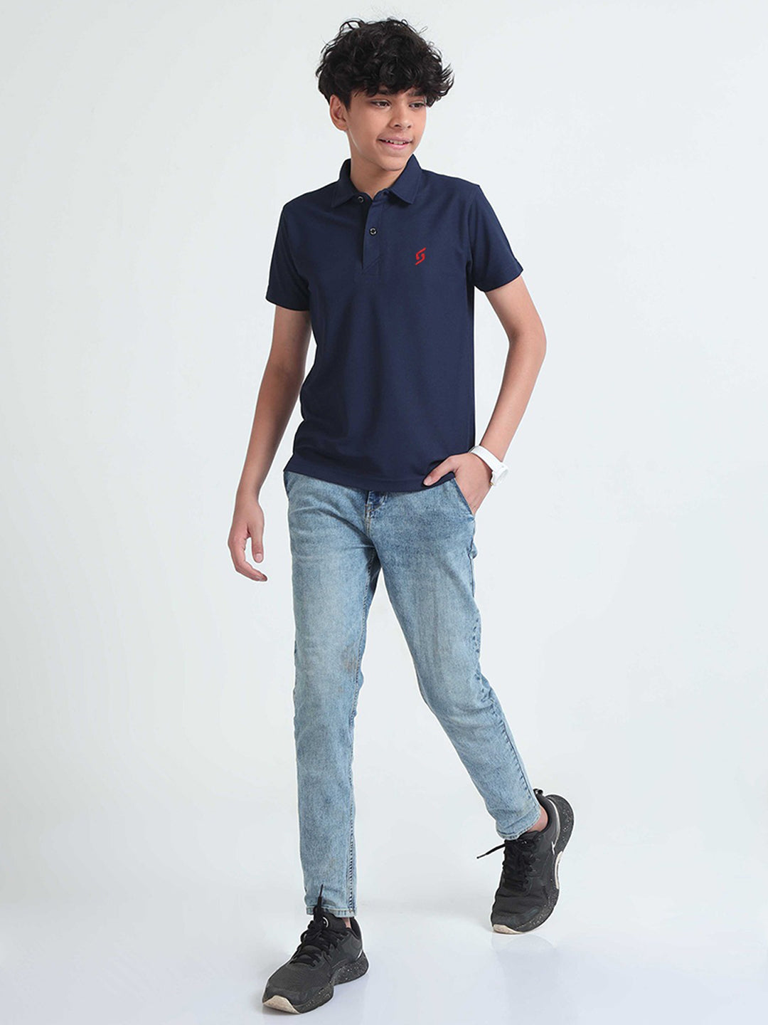 KID'S LEFT CHEST EMBROIDERED LOGO PREMIUM PIQUE NAVY POLO