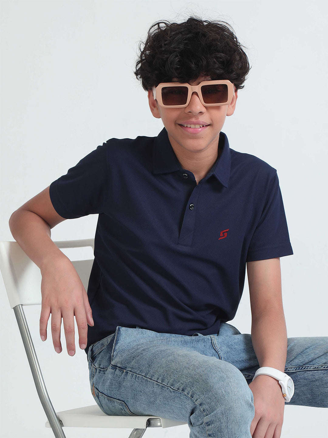 KID'S LEFT CHEST EMBROIDERED LOGO PREMIUM PIQUE NAVY POLO